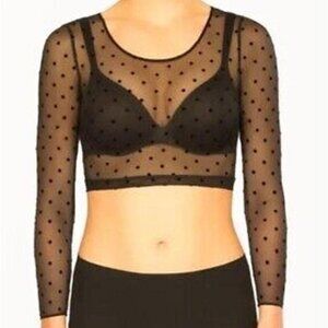 Spanx Black Sheer Polka Dot Mesh Crop Top Long Sleeve